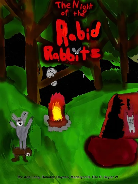 The cover of The Night of the Rabid Rabbits: rabbits around a campfire in a dark forest, the title in red