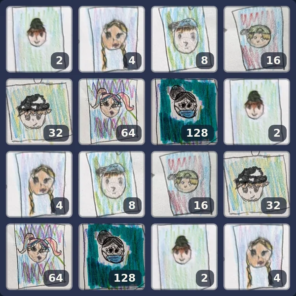 A full board of sixteen portraits with no two equal tiles touching.